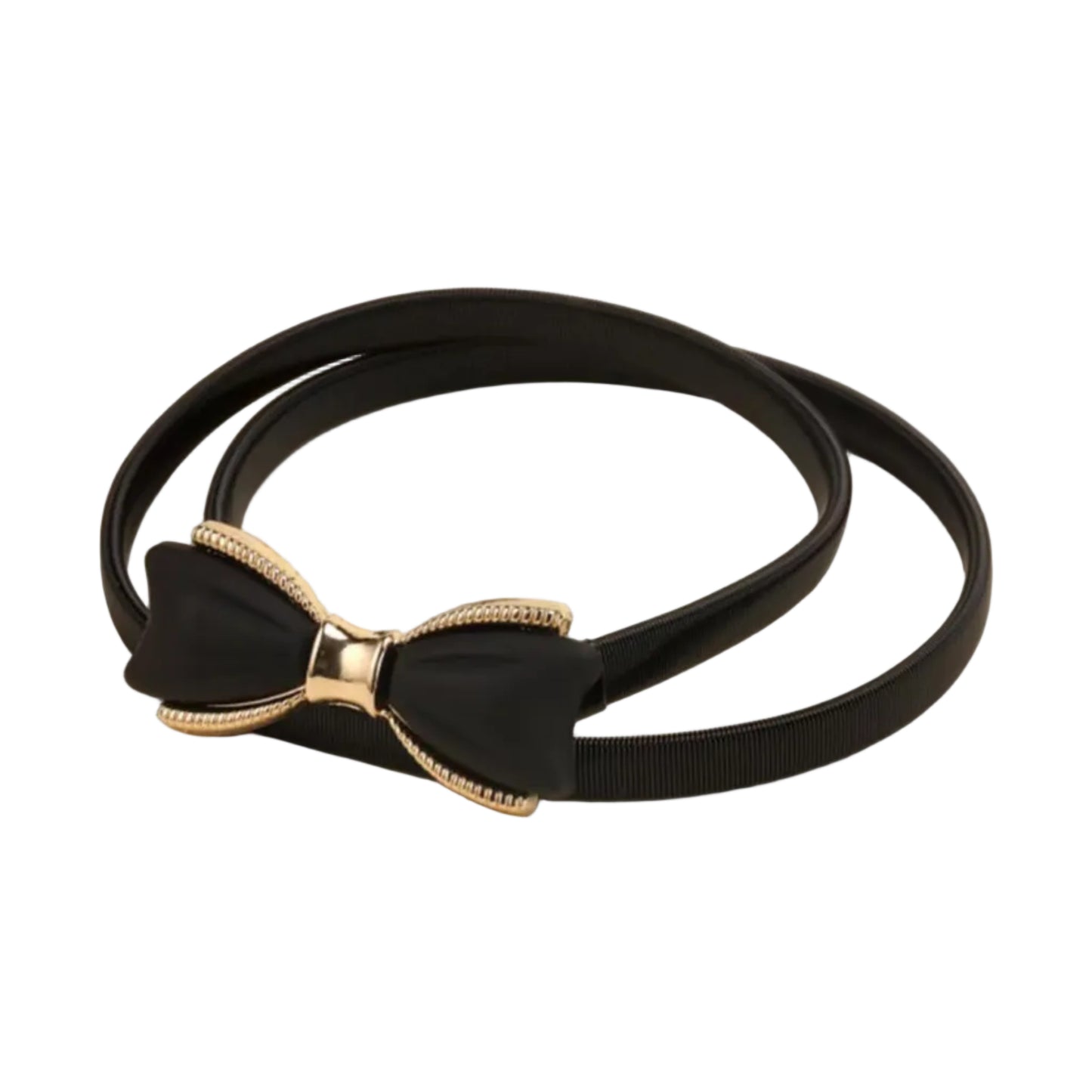 A black elastic belt featuring a large bow-shaped buckle with a black satin center and a gold-tone metal border embellished with small clear rhinestones, set against a solid cream background.