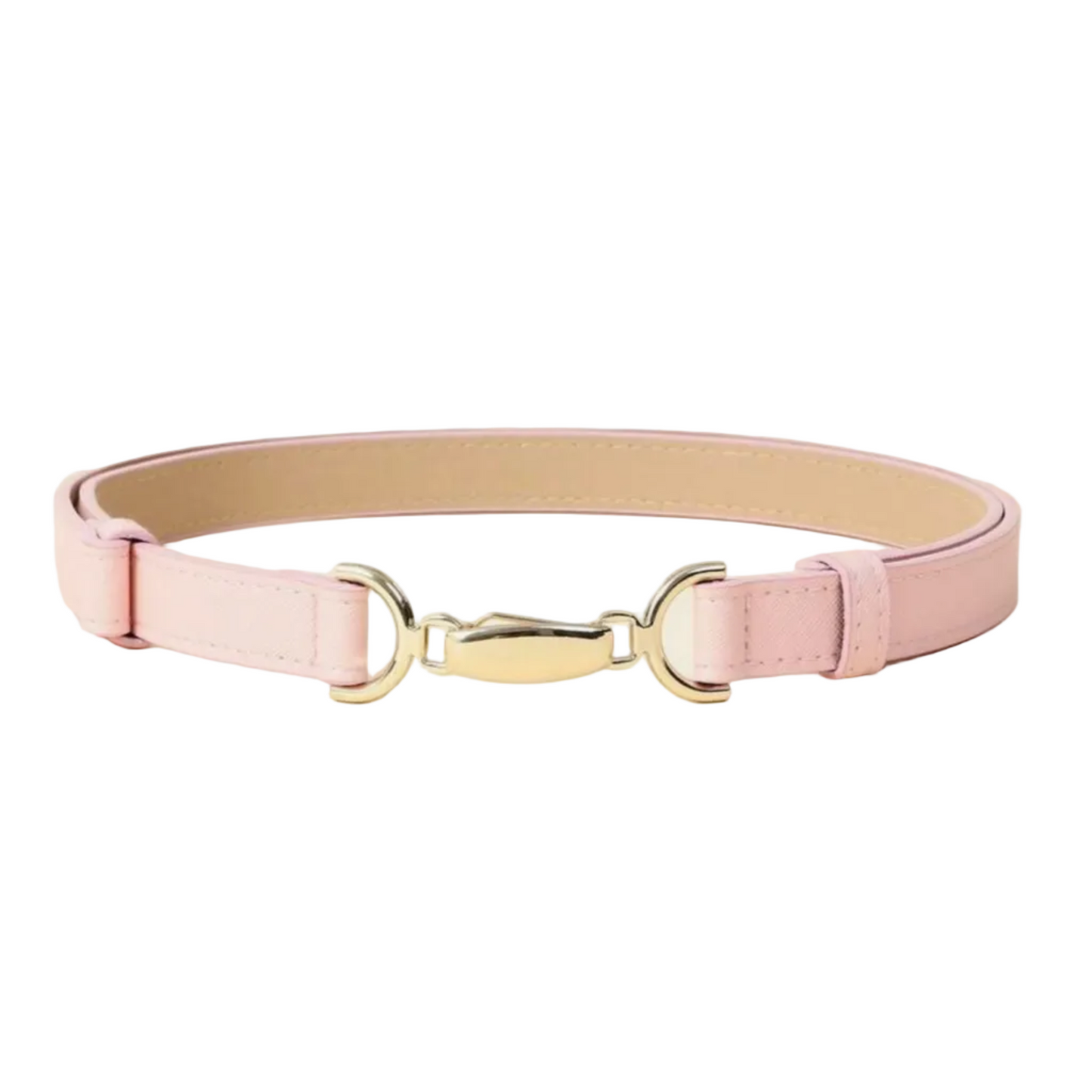 A light pink leather choker collar with a gold-tone metal D-ring and snap closure, displayed on a textured beige background.