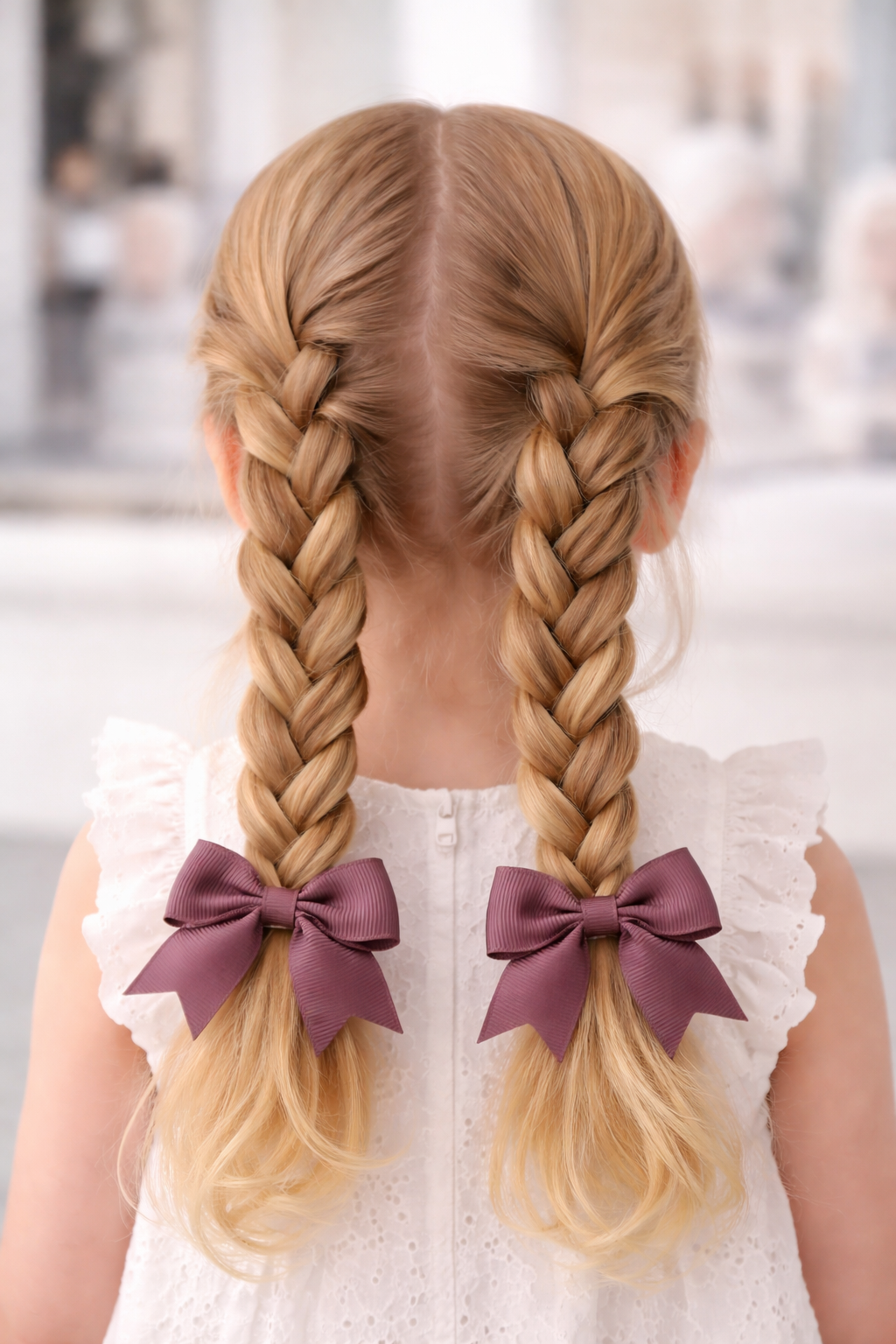Child with long blonde hair styled in two braids with purple bows, wearing a white lace top.
