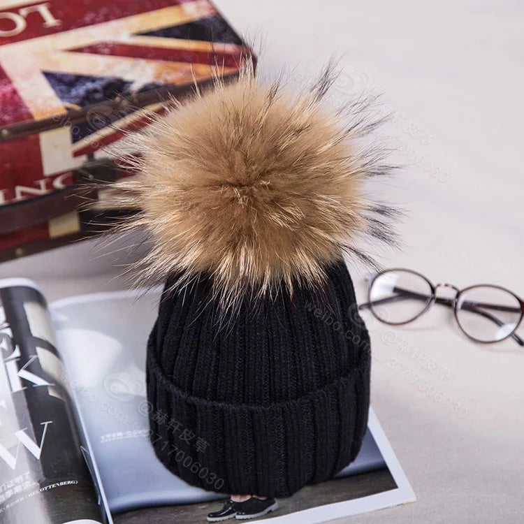 Fluffy Cable Knit Pom Pom Hat in Black