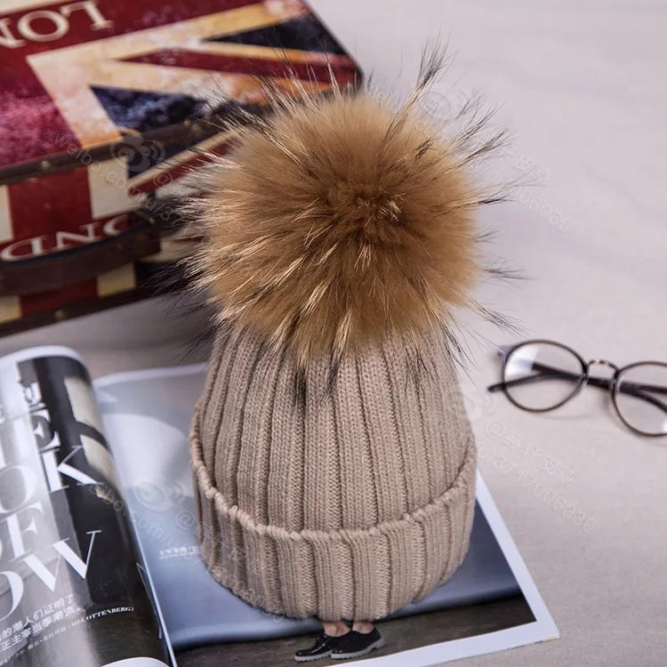 Fluffy Cable Knit Pom Pom Hat in Beige