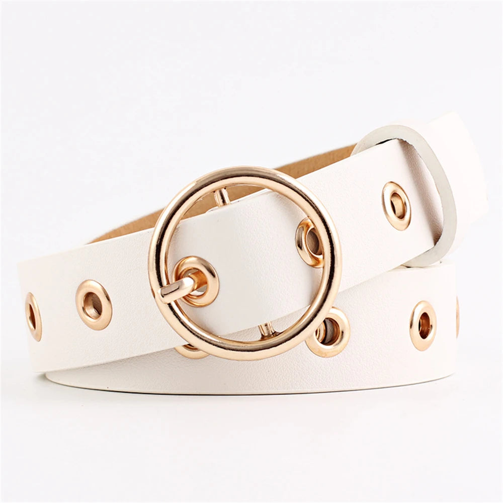 White leather belt with gold circular buckle on a white background
