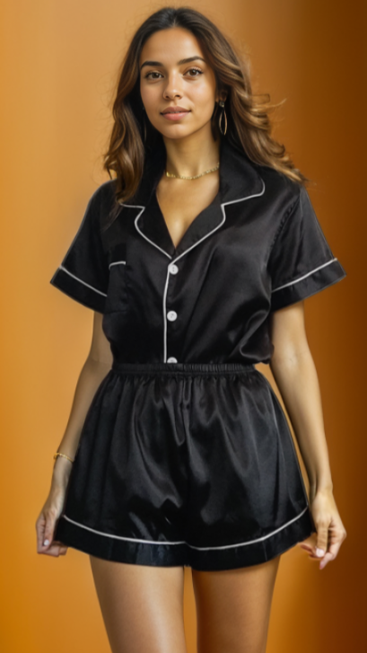 LuxeDream Women's Satin Pyjamas in Black