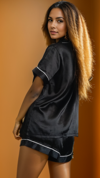 LuxeDream Women's Satin Pyjamas in Black