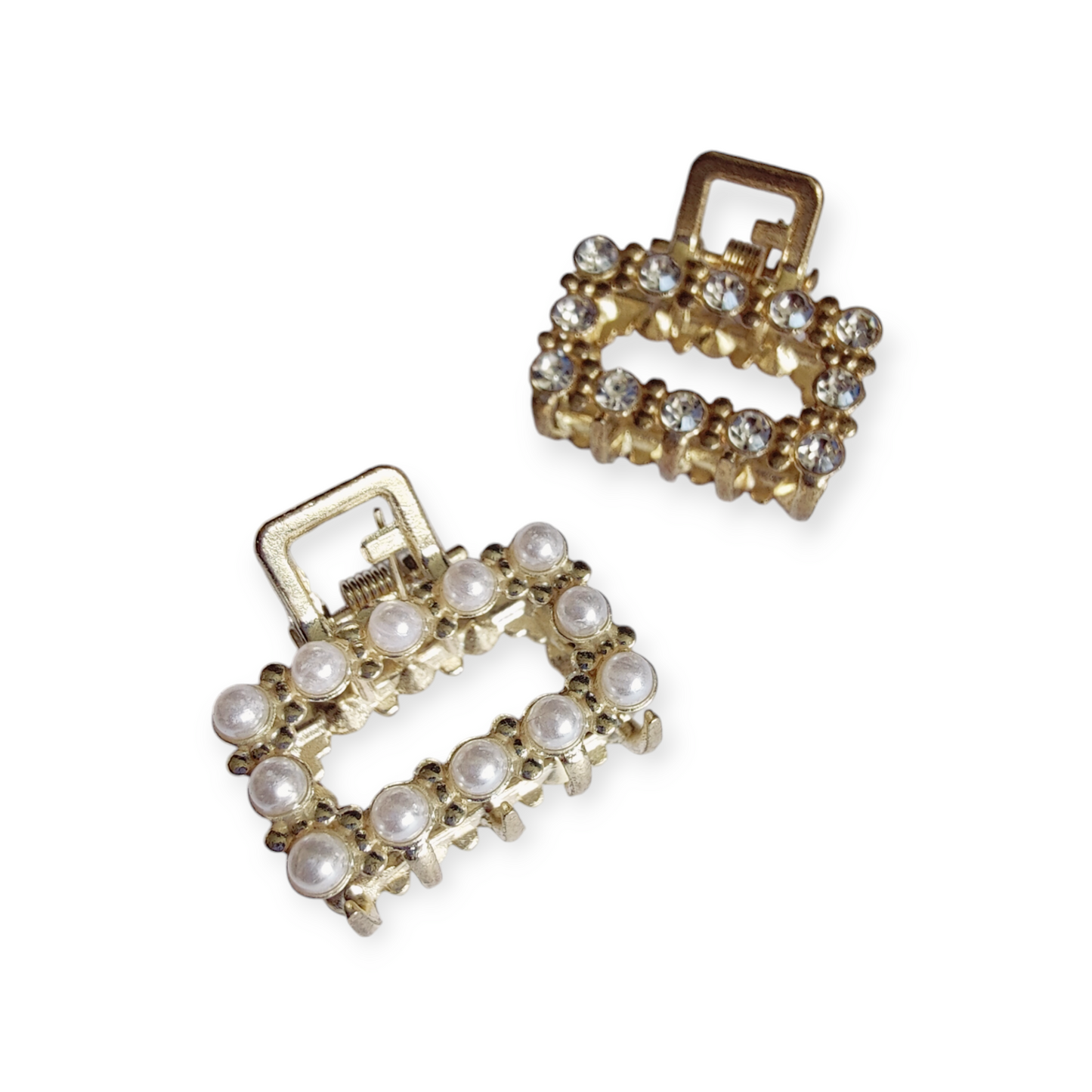 Set of 2 Rectangle Pearl and Diamante Mini Hair Claws