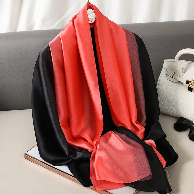 Luxury Gradient Silk Scarf Women Brand Solid Femme Shawls Wraps Bandana Head Foulard Fashion Lady Hijab Wedding Poncho 2023
