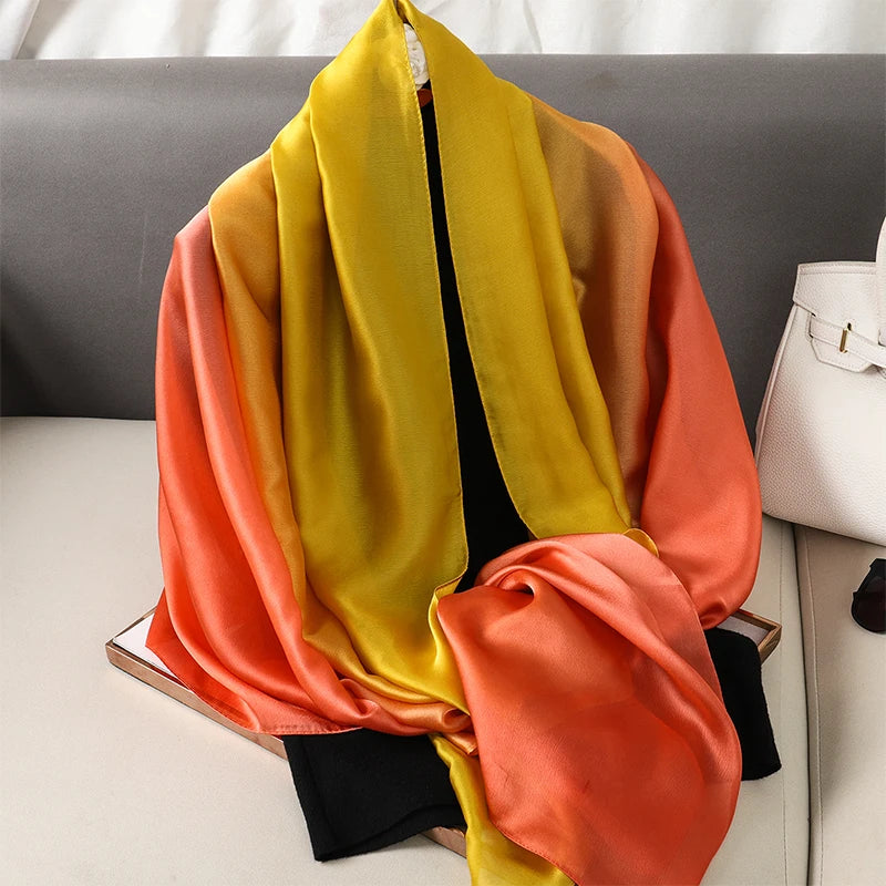Luxury Gradient Silk Scarf Women Brand Solid Femme Shawls Wraps Bandana Head Foulard Fashion Lady Hijab Wedding Poncho 2023