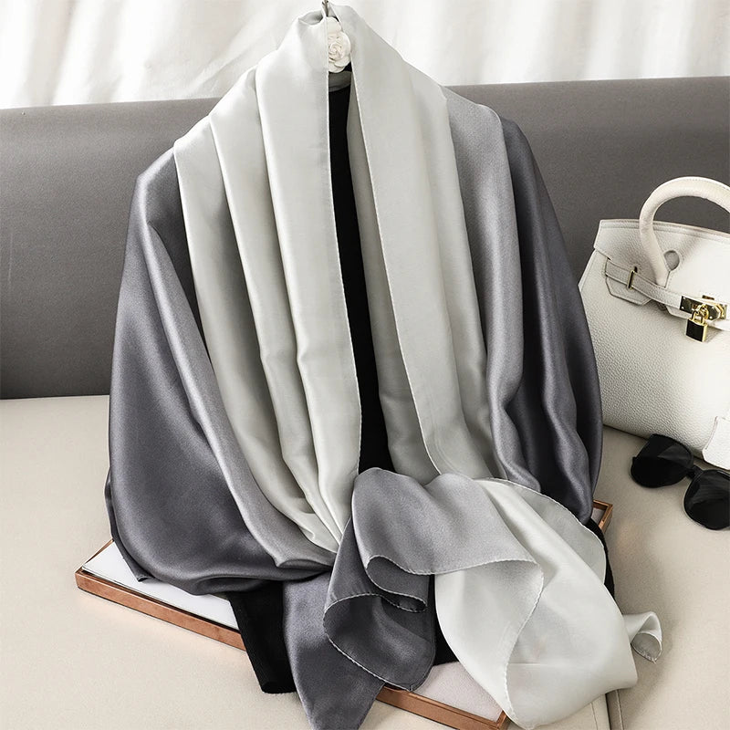 Luxury Gradient Silk Scarf Women Brand Solid Femme Shawls Wraps Bandana Head Foulard Fashion Lady Hijab Wedding Poncho 2023