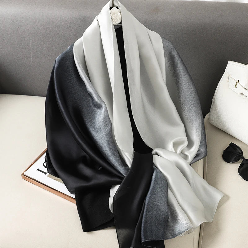Luxury Gradient Silk Scarf Women Brand Solid Femme Shawls Wraps Bandana Head Foulard Fashion Lady Hijab Wedding Poncho 2023