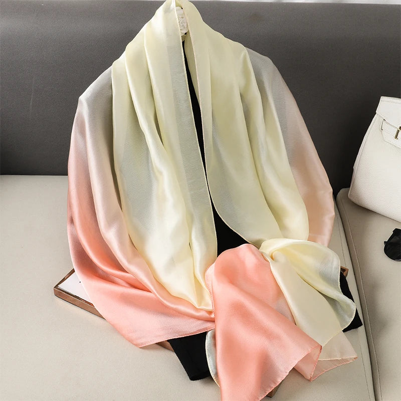 Luxury Gradient Silk Scarf Women Brand Solid Femme Shawls Wraps Bandana Head Foulard Fashion Lady Hijab Wedding Poncho 2023
