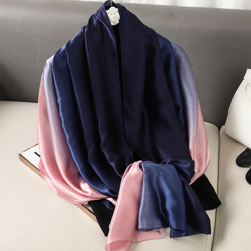 Luxury Gradient Silk Scarf Women Brand Solid Femme Shawls Wraps Bandana Head Foulard Fashion Lady Hijab Wedding Poncho 2023