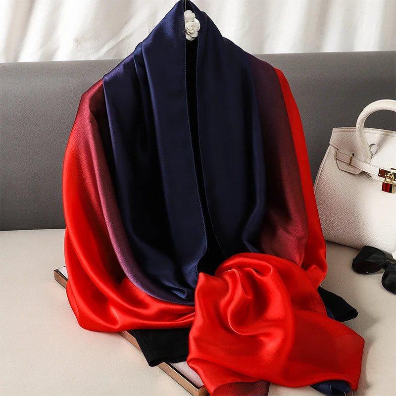 Luxury Gradient Silk Scarf Women Brand Solid Femme Shawls Wraps Bandana Head Foulard Fashion Lady Hijab Wedding Poncho 2023