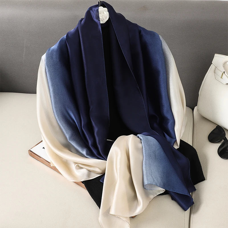 Luxury Gradient Silk Scarf Women Brand Solid Femme Shawls Wraps Bandana Head Foulard Fashion Lady Hijab Wedding Poncho 2023