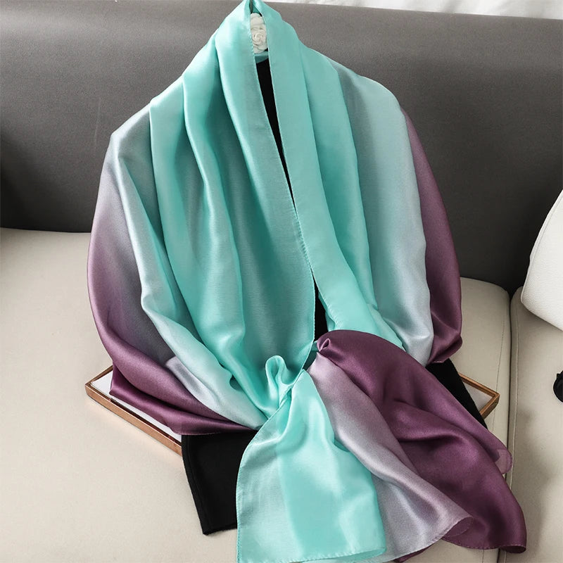 Luxury Gradient Silk Scarf Women Brand Solid Femme Shawls Wraps Bandana Head Foulard Fashion Lady Hijab Wedding Poncho 2023