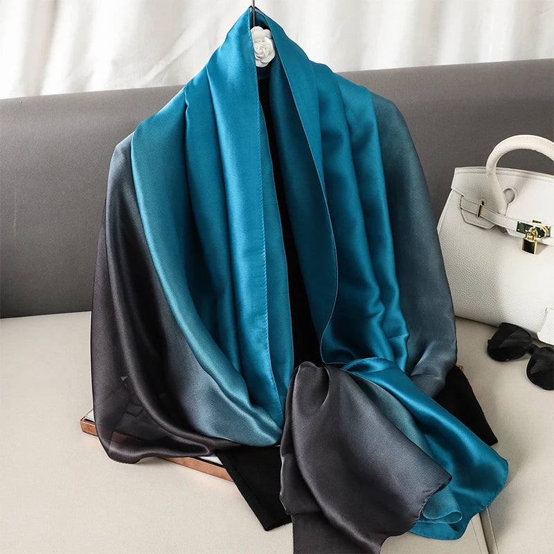 Luxury Gradient Silk Scarf Women Brand Solid Femme Shawls Wraps Bandana Head Foulard Fashion Lady Hijab Wedding Poncho 2023
