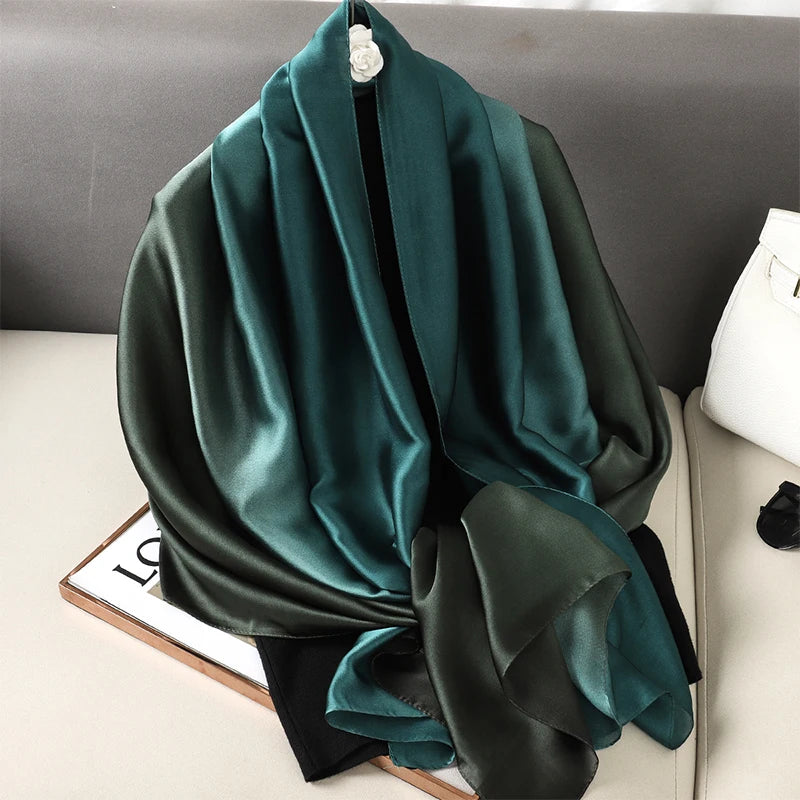 Luxury Gradient Silk Scarf Women Brand Solid Femme Shawls Wraps Bandana Head Foulard Fashion Lady Hijab Wedding Poncho 2023