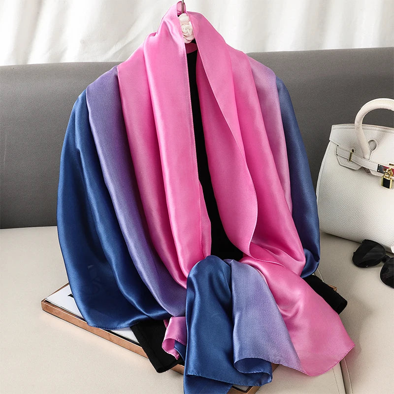 Luxury Gradient Silk Scarf Women Brand Solid Femme Shawls Wraps Bandana Head Foulard Fashion Lady Hijab Wedding Poncho 2023