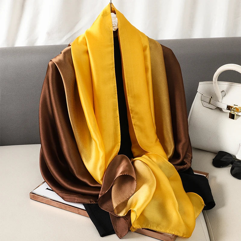 Luxury Gradient Silk Scarf Women Brand Solid Femme Shawls Wraps Bandana Head Foulard Fashion Lady Hijab Wedding Poncho 2023