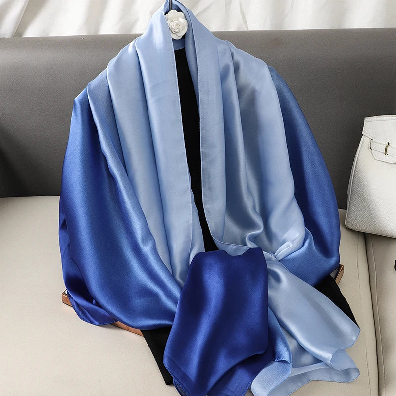 Luxury Gradient Silk Scarf Women Brand Solid Femme Shawls Wraps Bandana Head Foulard Fashion Lady Hijab Wedding Poncho 2023