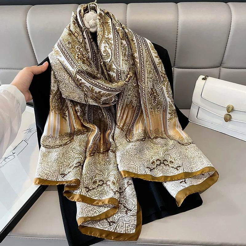 Design Satin Silk Shawl Hijab Scarf Women Fashion Summer Sunscreen Beach Stole Wraps Bufanda Female Headkerchief Echarpe New