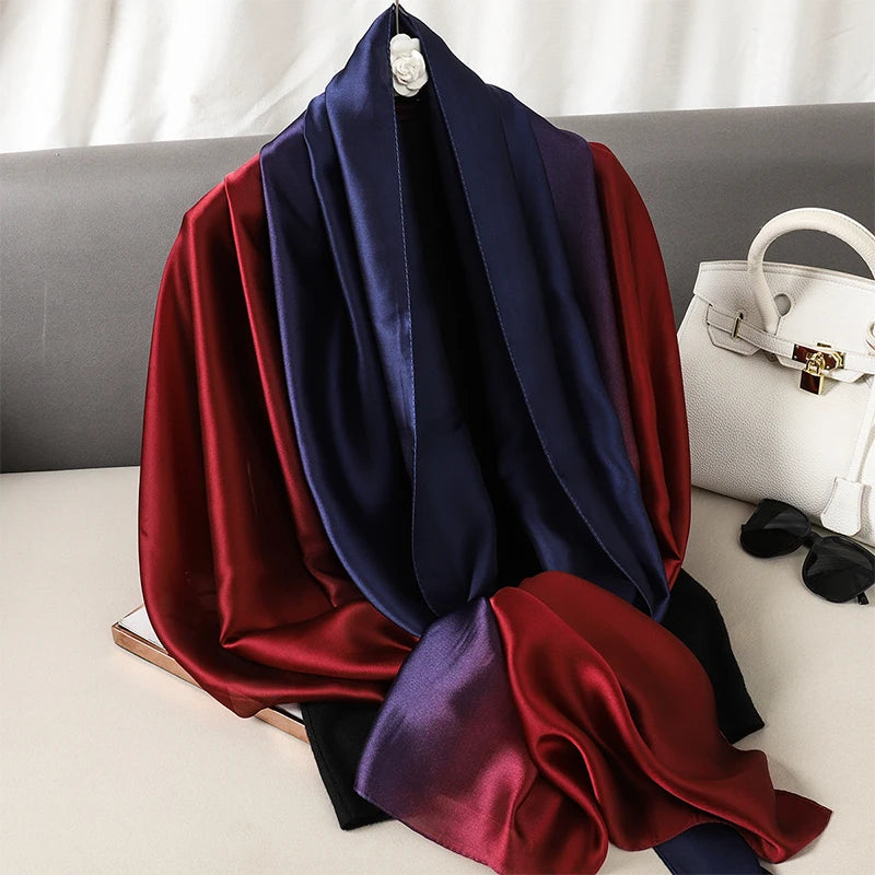 Luxury Gradient Silk Scarf Women Brand Solid Femme Shawls Wraps Bandana Head Foulard Fashion Lady Hijab Wedding Poncho 2023