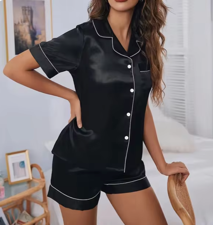LuxeDream Women's Satin Pyjamas in Black