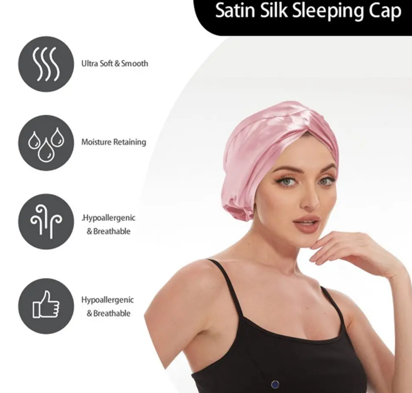 Double-layer Pink Satin Sleep Cap Soft Adjustable Elastic Hair Wrap, Satin Bonnet