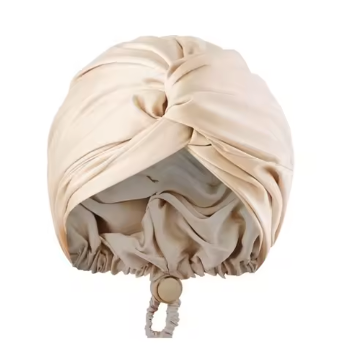 Double-layer Beige Satin Sleep Cap Soft Adjustable Elastic Hair Wrap, Satin Bonnet
