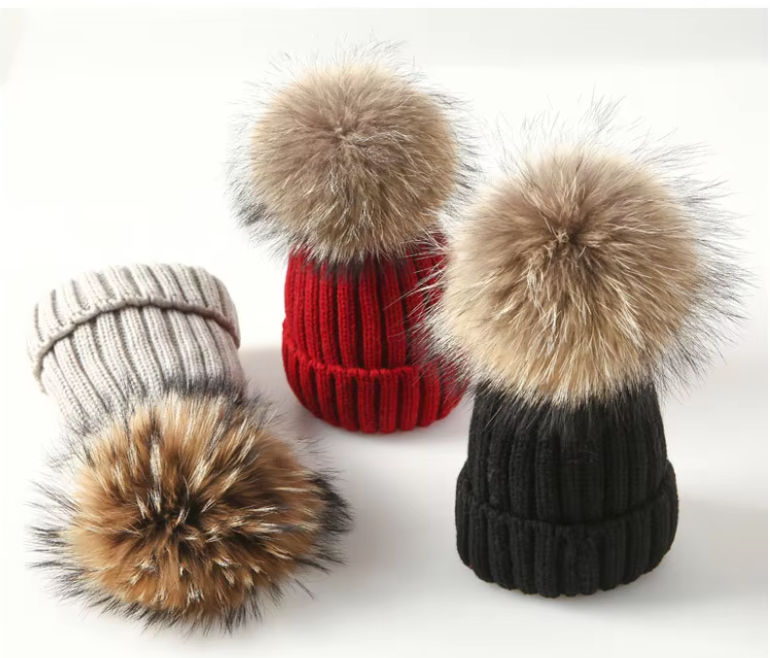 Fluffy Cable Knit Pom Pom Hat in Beige