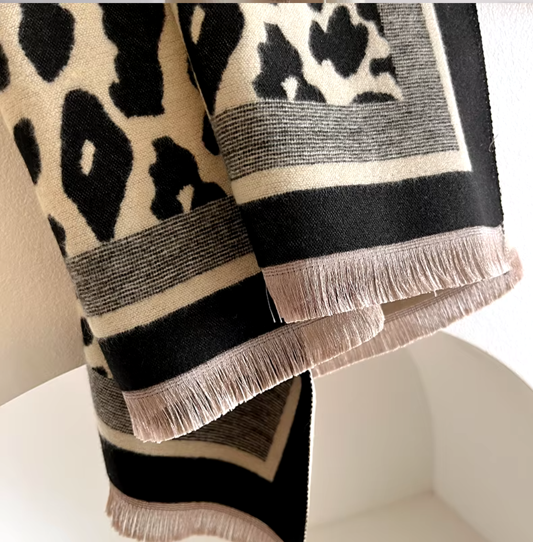 Leopard Print Wrap Scarf Shawl in Black