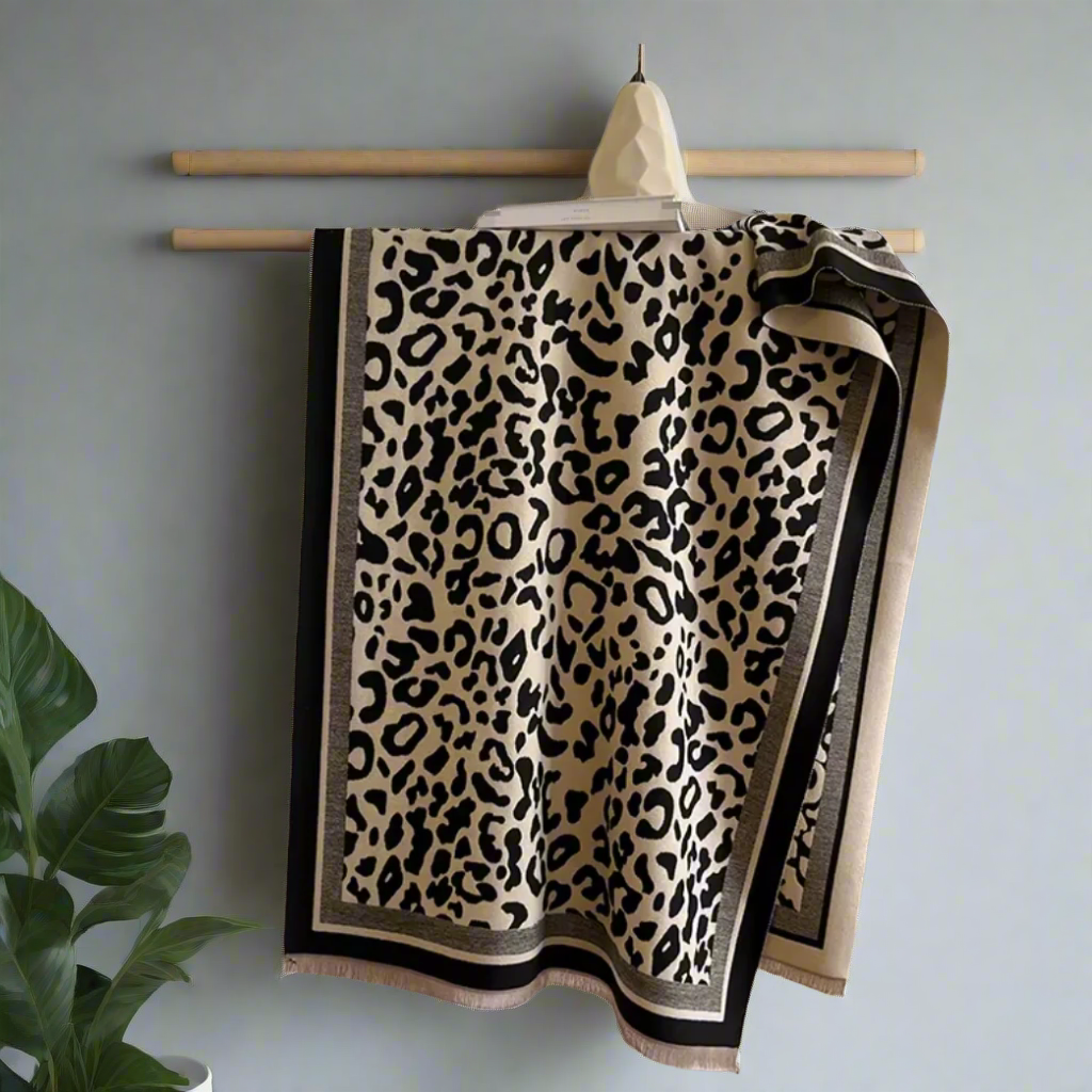 Leopard Print Wrap Scarf Shawl in Black