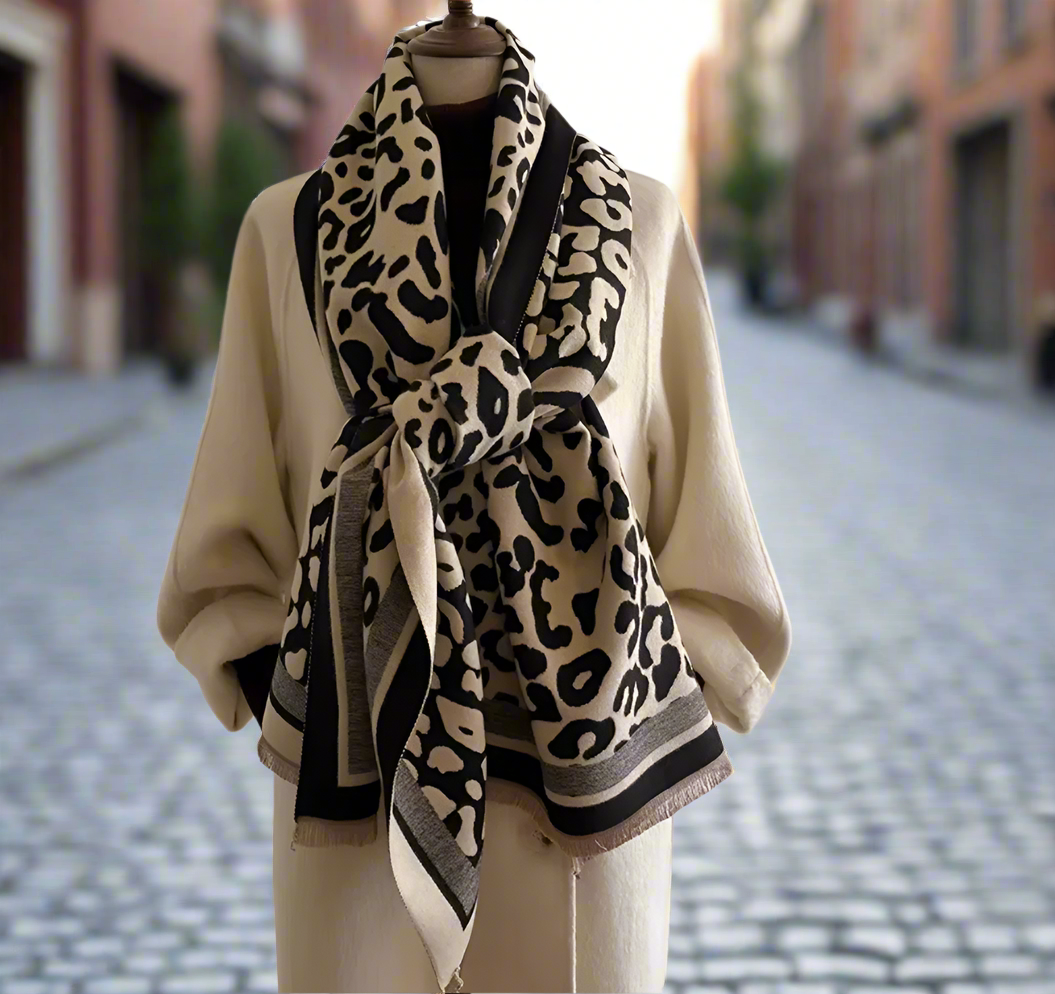 Leopard Print Wrap Scarf Shawl in Black