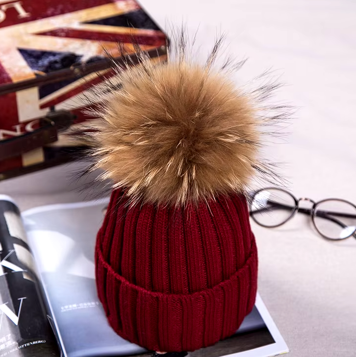 Fluffy Cable Knit Pom Pom Hat in Burgundy