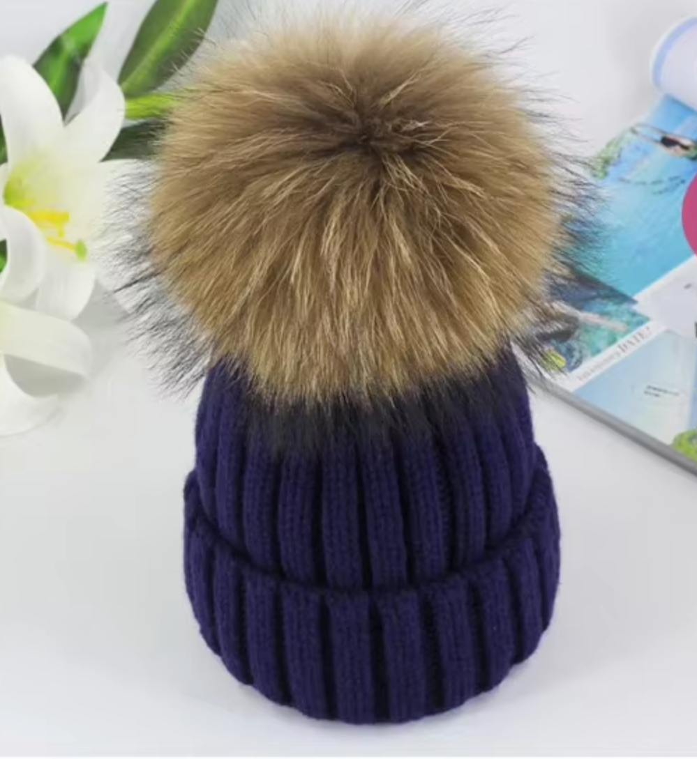 Fluffy Cable Knit Pom Pom Hat in Navy