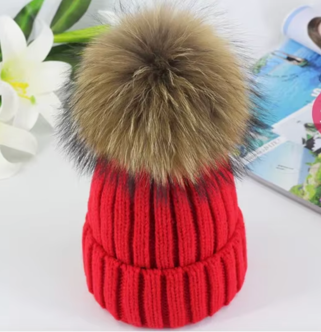Fluffy Cable Knit Pom Pom Hat in Red