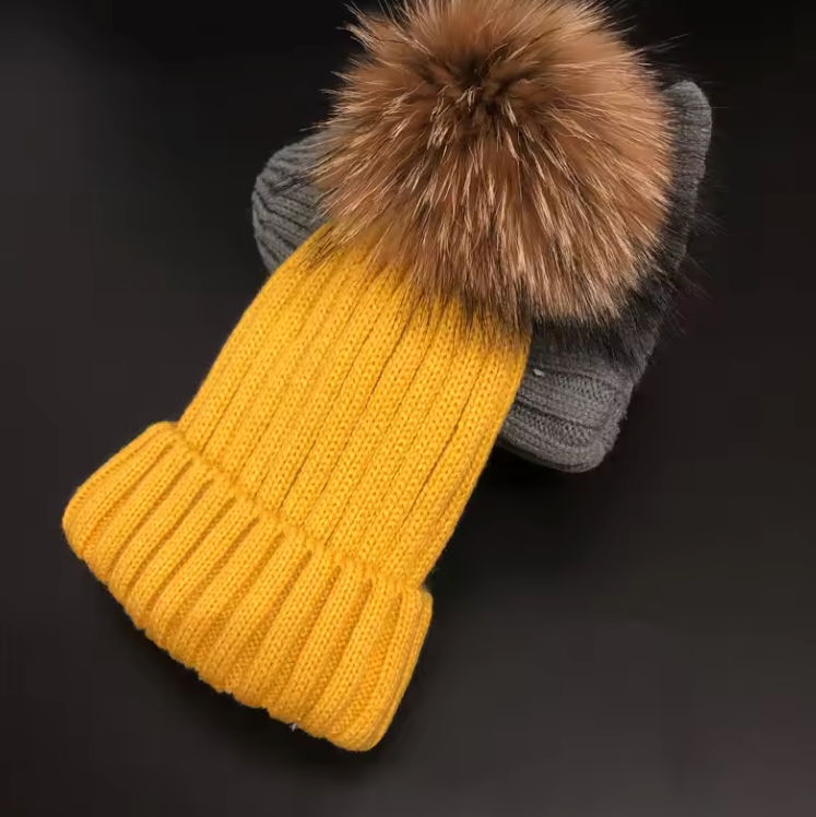 Fluffy Cable Knit Pom Pom Hat in Yellow