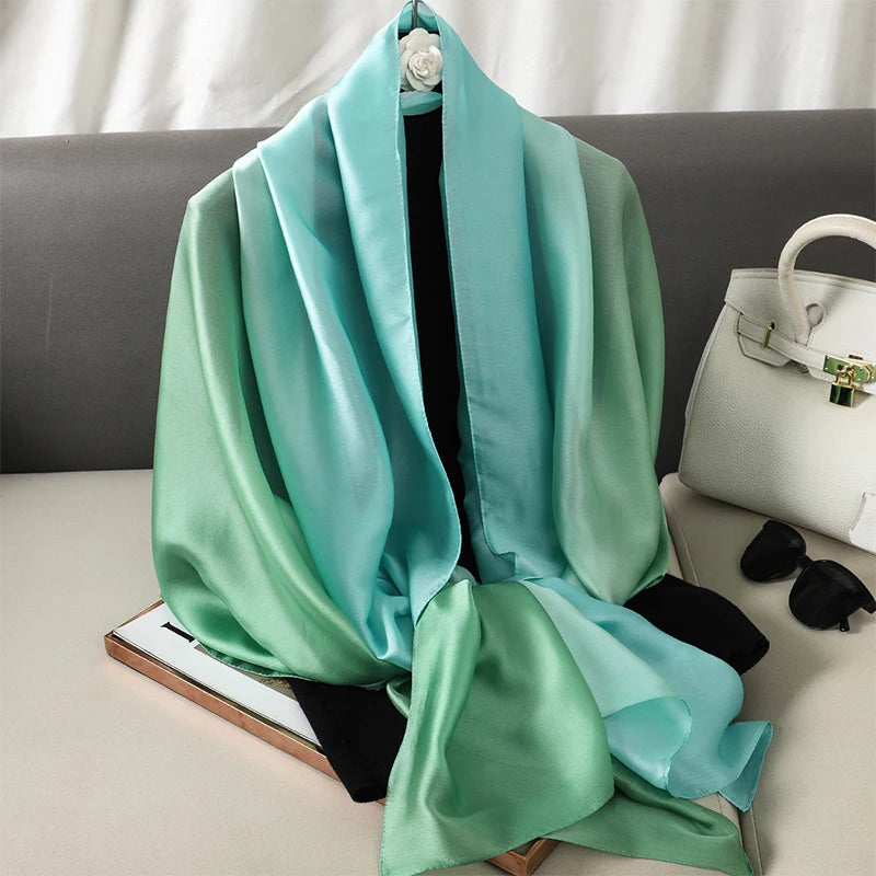 Luxury Gradient Silk Scarf Women Brand Solid Femme Shawls Wraps Bandana Head Foulard Fashion Lady Hijab Wedding Poncho 2023