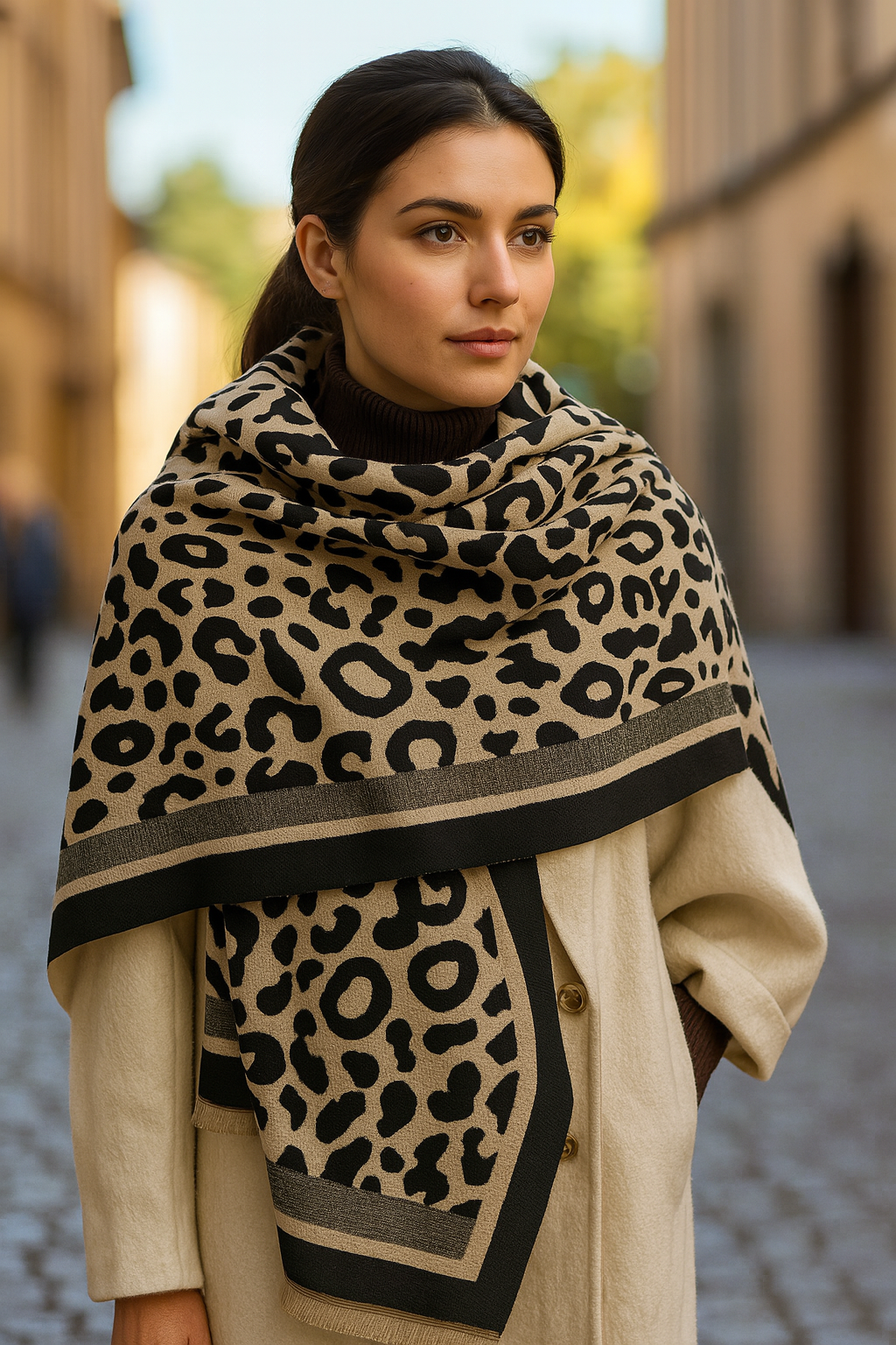 Leopard Print Wrap Scarf Shawl in Black
