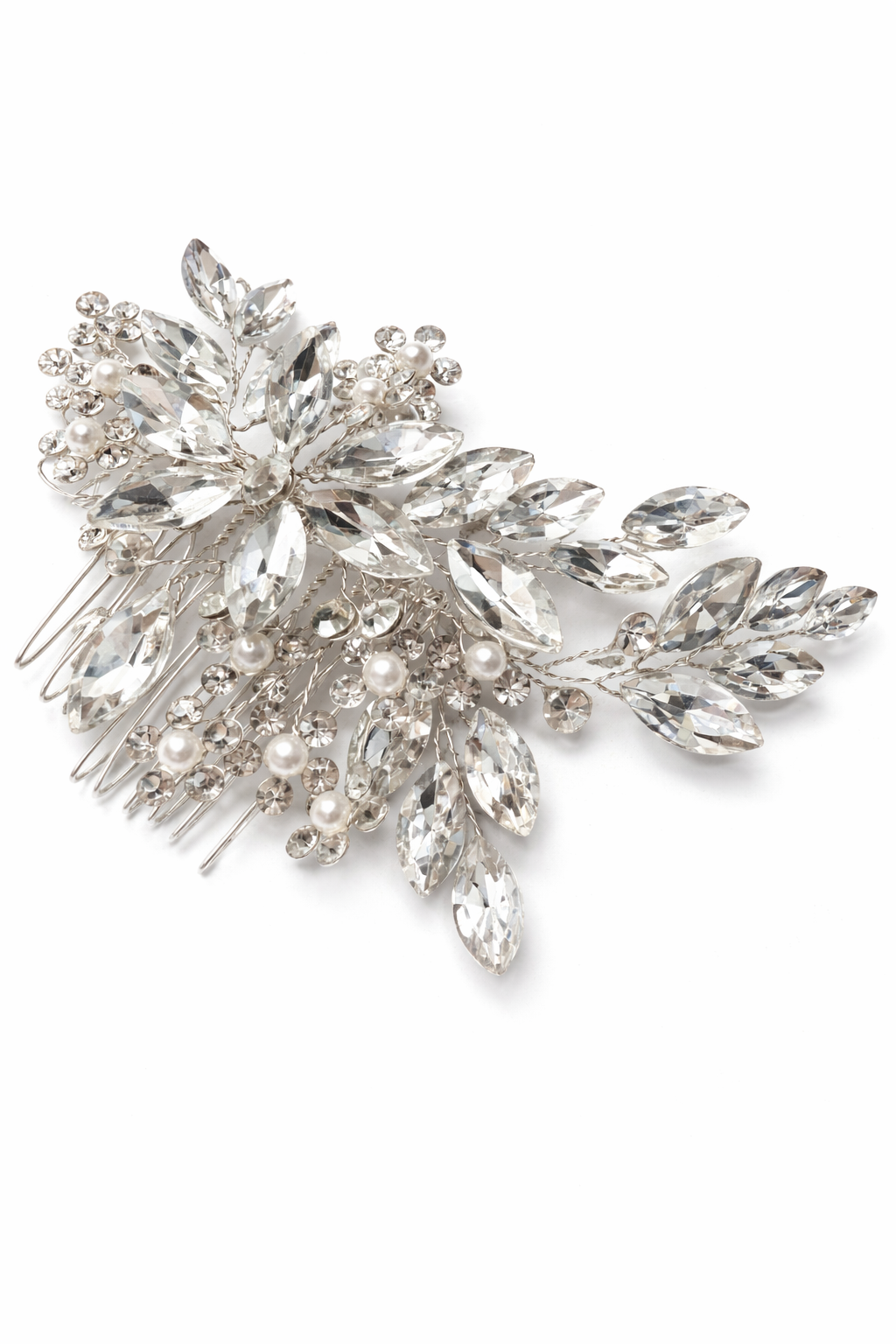 Silver hair comb with crystal and pearl details on a white background