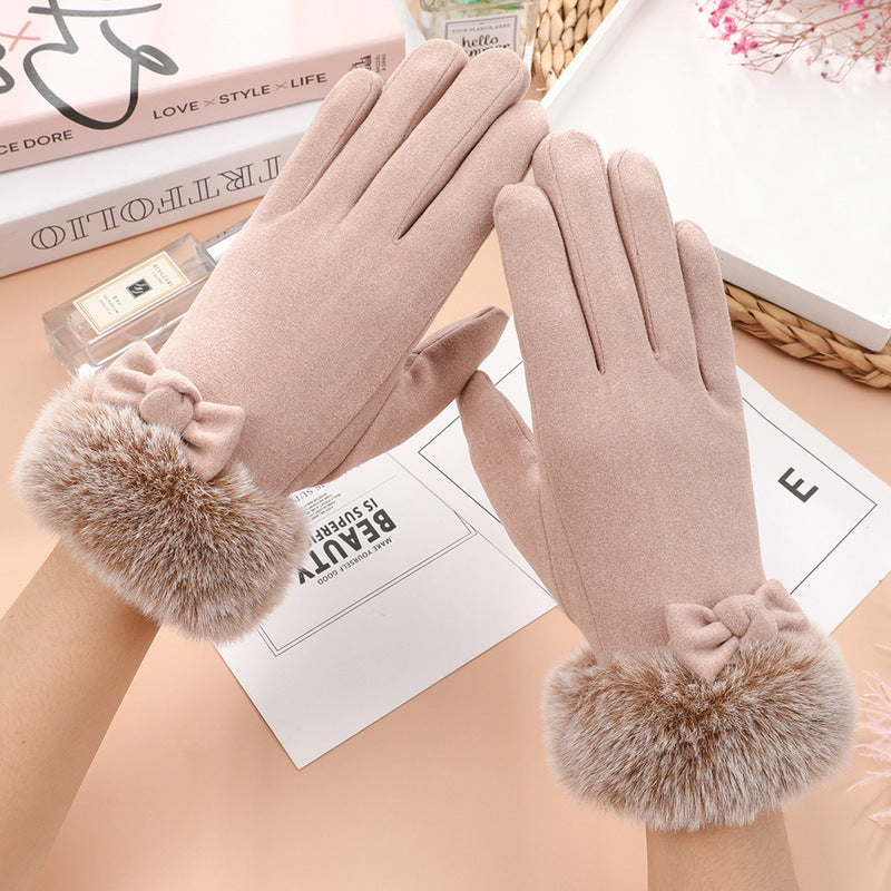 Genevieve Bow Women Gloves Autumn Winter Furry Warm Mitts