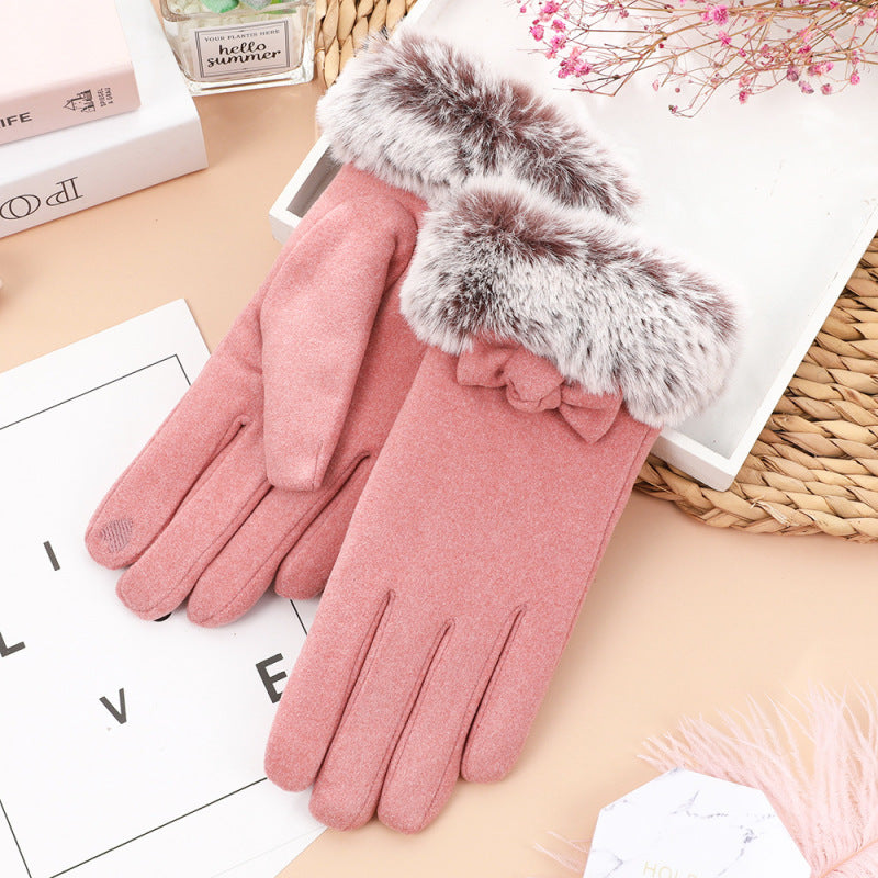 Genevieve Bow Women Gloves Autumn Winter Furry Warm Mitts