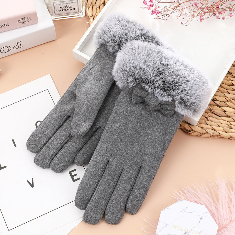 Genevieve Bow Women Gloves Autumn Winter Furry Warm Mitts