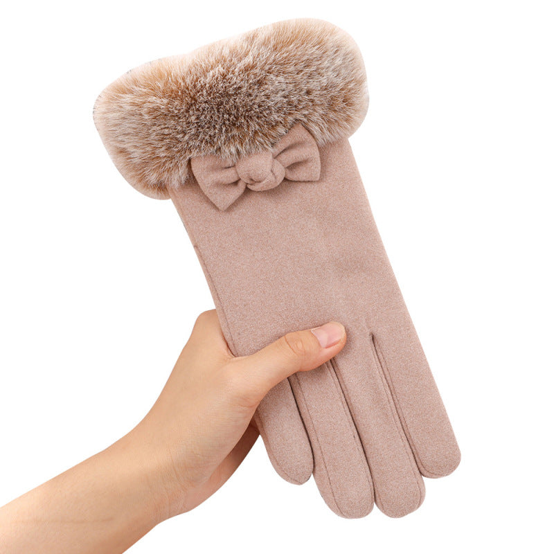 Genevieve Bow Women Gloves Autumn Winter Furry Warm Mitts