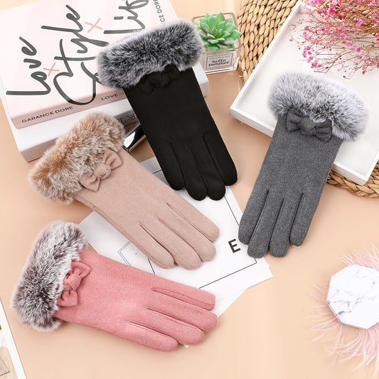 Genevieve Bow Women Gloves Autumn Winter Furry Warm Mitts