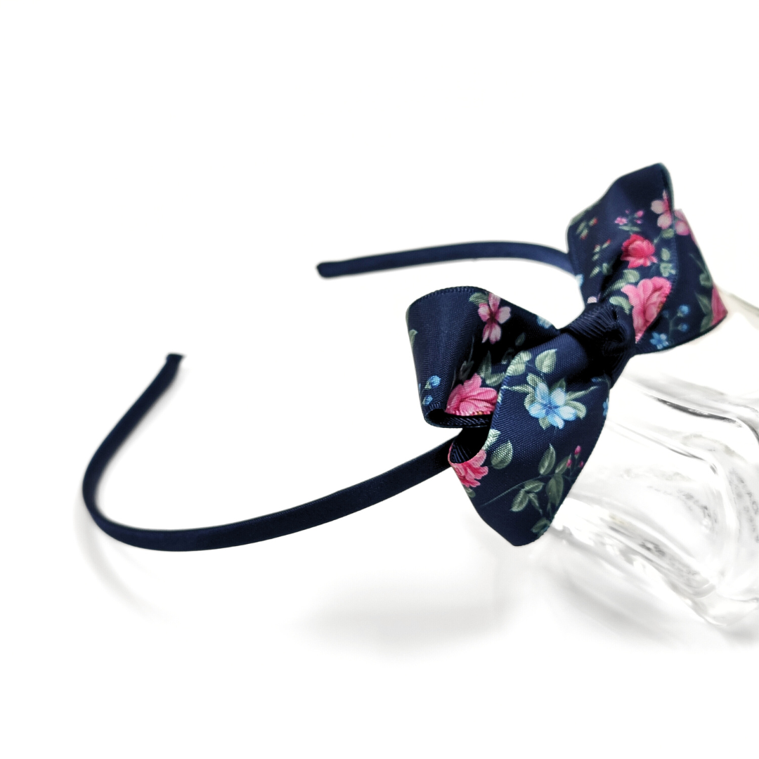 Floral Bow Headband in Dark Blue