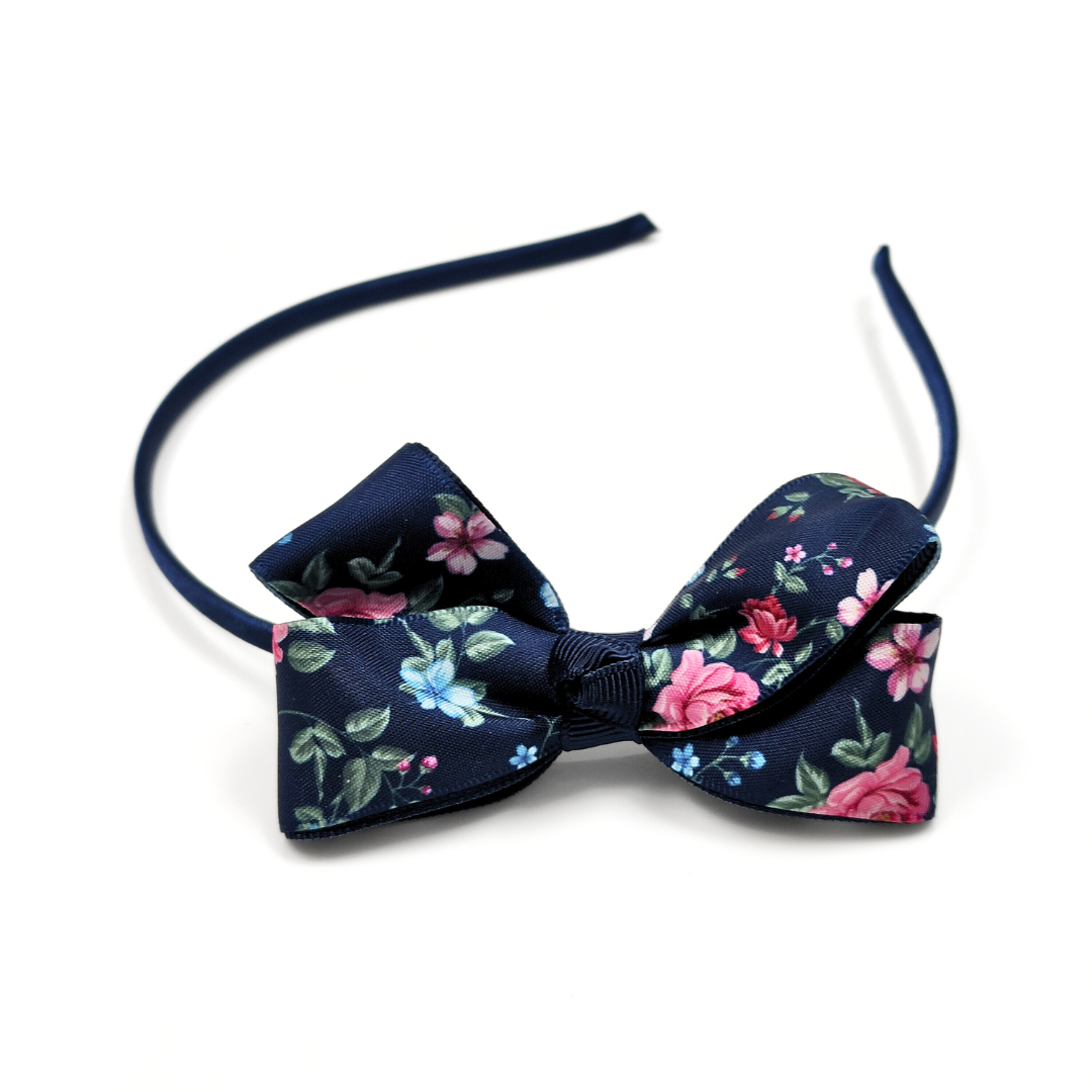 Floral Bow Headband in Dark Blue