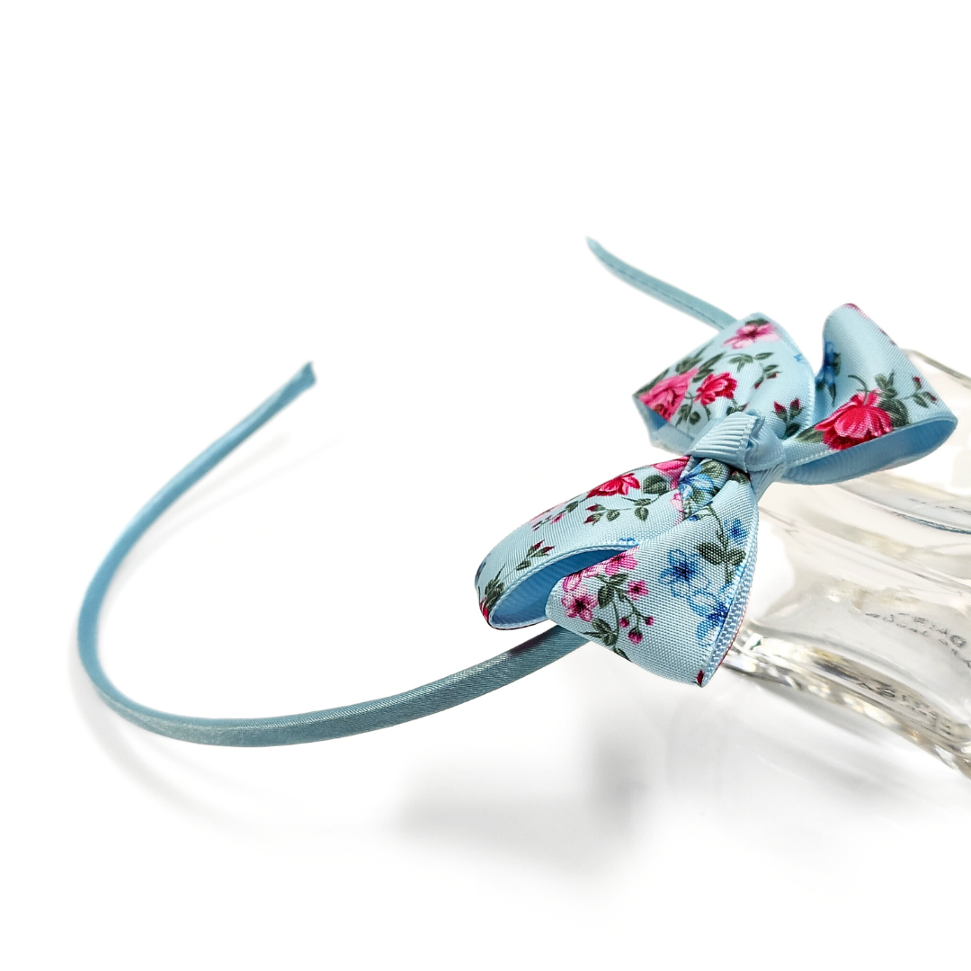 Floral Bow Headband in Pastel Blue