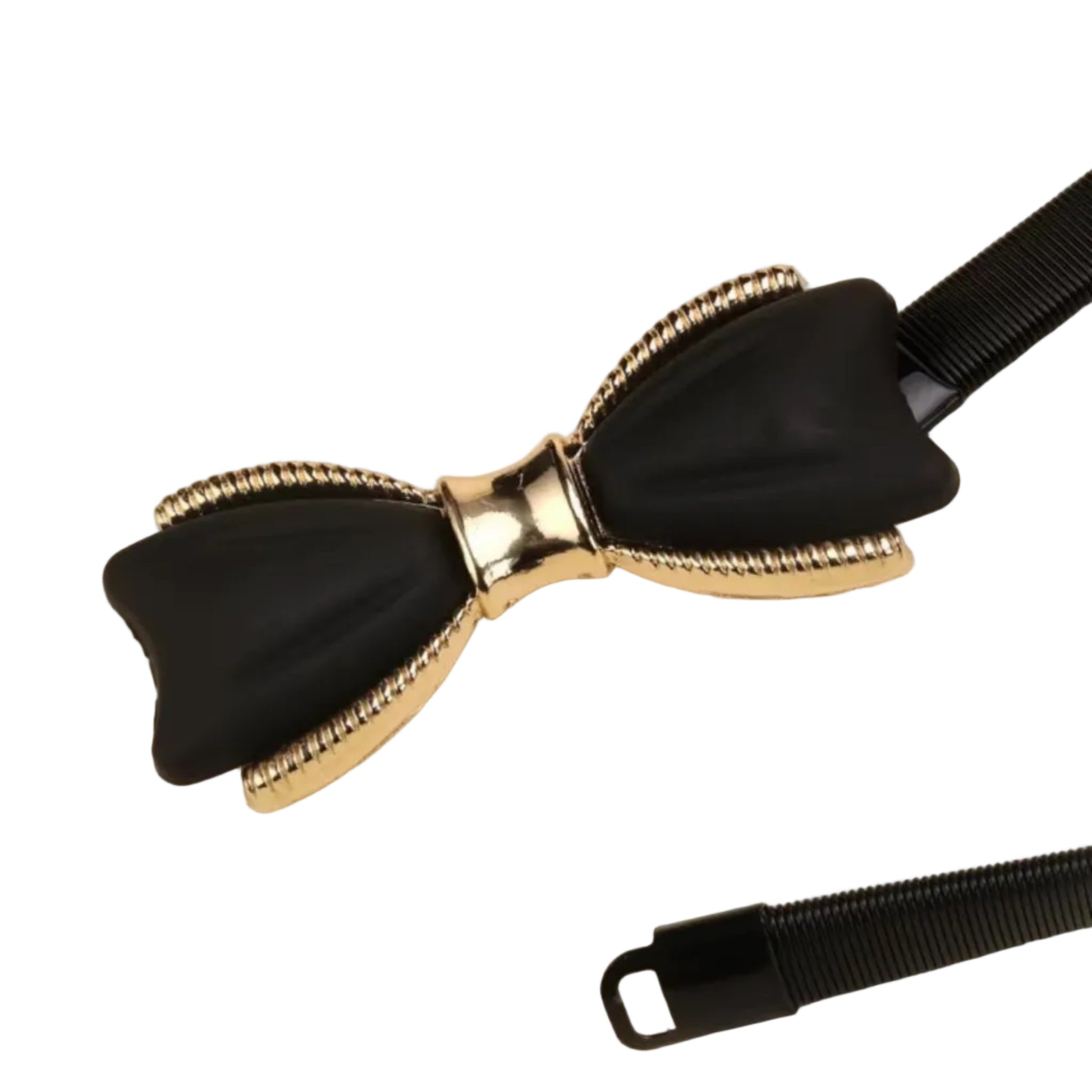 A black bow tie belt with textured gold-tone metal trim and a black ribbed strap, shown on a light beige background.