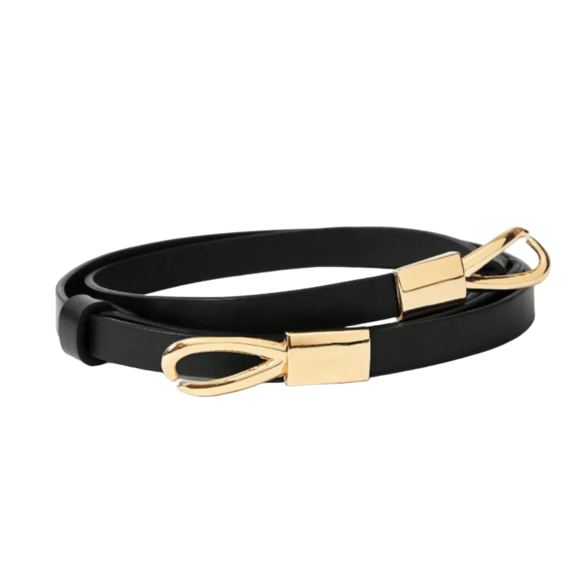 A black leather belt with a distinctive gold-tone bow-shaped buckle and matching gold-tone slide clasp, displayed on a light beige background.