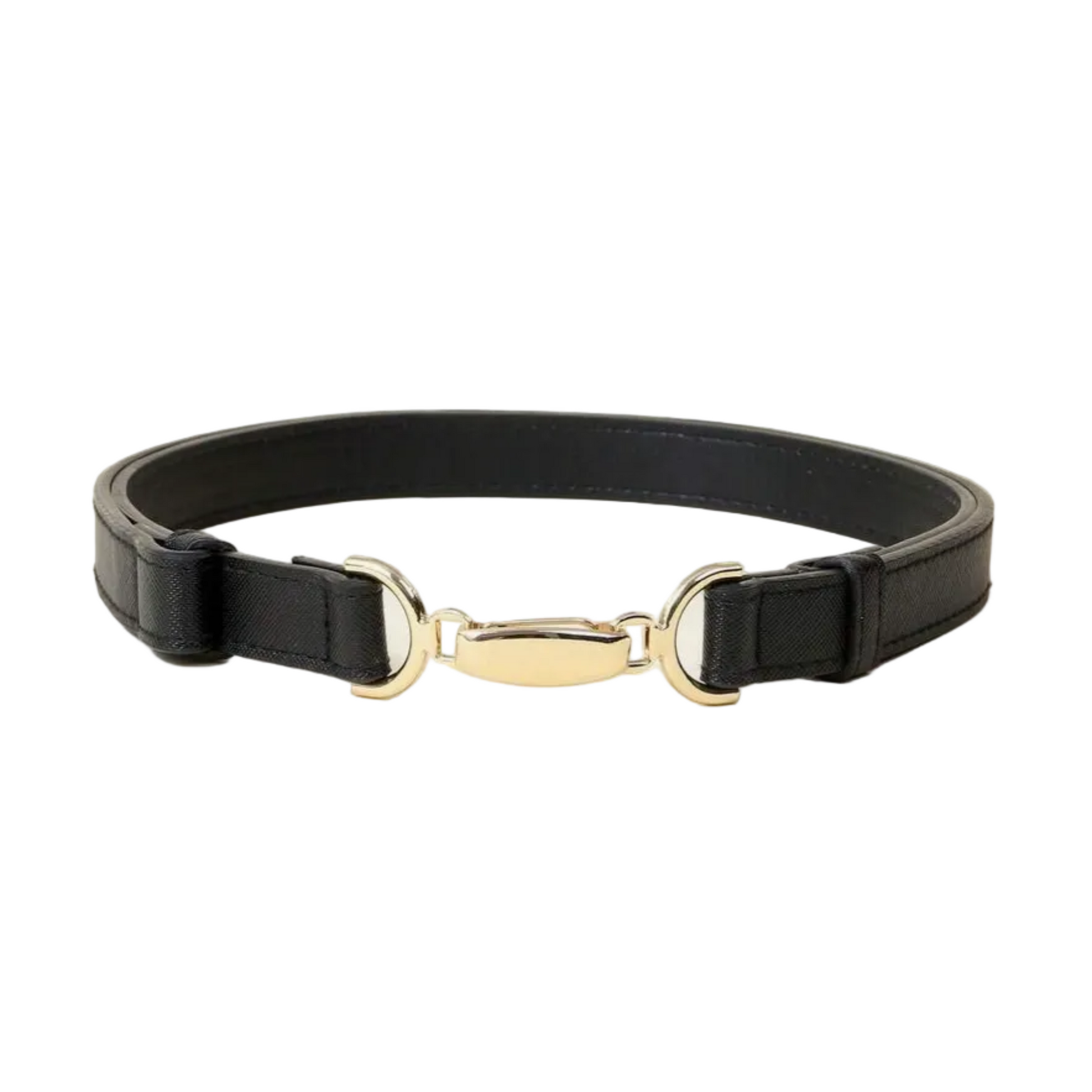 A black leather belt with a polished gold-tone metal horsebit clasp, displayed on a solid light beige background.